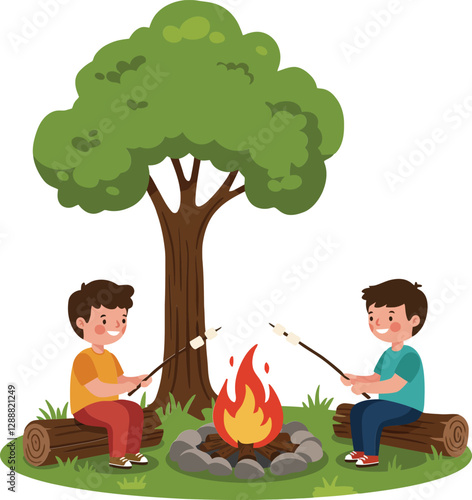 Two children roasting marshmallows over a campfire under a large tree