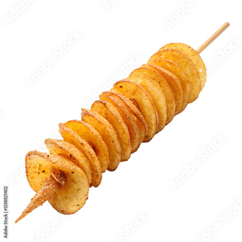 a Hweori Gamja (tornado potato skewer) crispy and twisted in a spiral, isolated on a transparent background