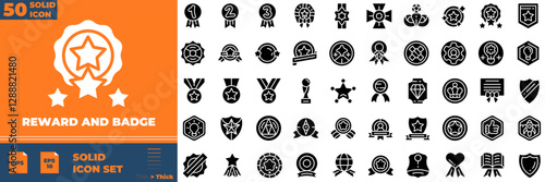 Reward And Badge Solid Editable Icons set. Vector illustration in modern thin solid style of reward and badge icons: trophy, star, cup, etc