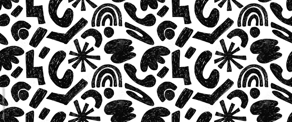 Naklejka premium Groovy seamless pattern with bold geometric bizarre shapes in trendy crayon drawing style. Bold pencil abstract shapes forming a pattern. Trendy black and white design