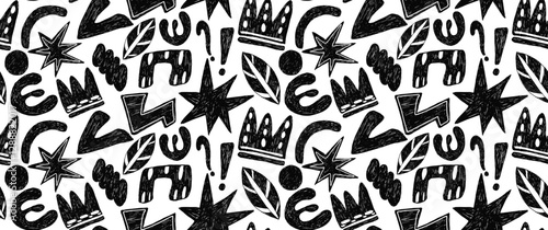 Groovy seamless pattern with bold geometric bizarre shapes in trendy crayon drawing style. Bold pencil abstract shapes forming a pattern. Trendy black and white design