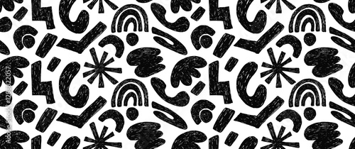 Groovy seamless pattern with bold geometric bizarre shapes in trendy crayon drawing style. Bold pencil abstract shapes forming a pattern. Trendy black and white design