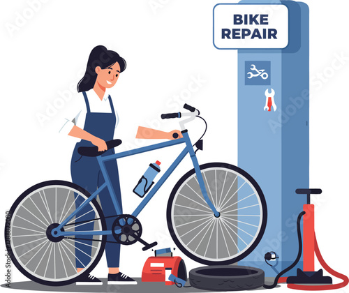 Young woman repairing a bicycle at a bike repair station in a modern setting