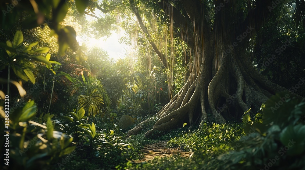 Sunlit Jungle Path Leading To Ancient Tree Roots Sunlit Jungle Path Leading To Ancient Tree Roots