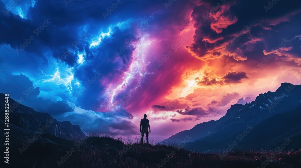 A solitary figure in silhouette watches a vivid celestial storm unfold over a towering mountain range, glowing with electric energy. A solitary figure in silhouette watches a vivid celestial storm unfold over a towering mountain range, glowing with electric energy.