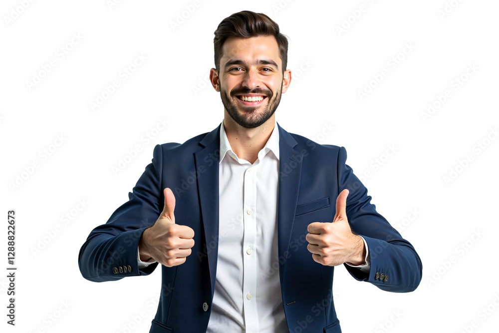 Happy young businessman in suit gives thumbs up, smiling confidently. Ideal for corporate, approval, success, agreement, and positive messages. Isolated on transparent background. Happy young businessman in suit gives thumbs up, smiling confidently. Ideal for corporate, approval, success, agreement, and positive messages. Isolated on transparent background.