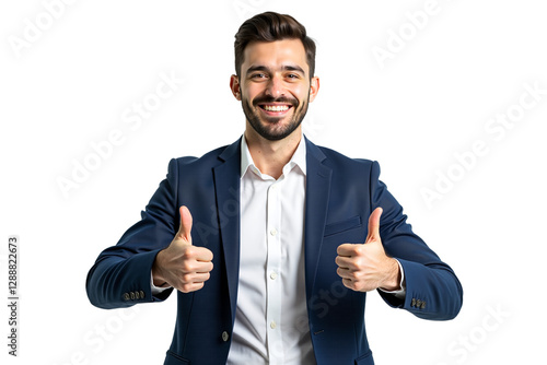 Happy young businessman in suit gives thumbs up, smiling confidently. Ideal for corporate, approval, success, agreement, and positive messages. Isolated on transparent background.