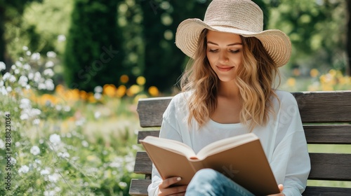 Young woman in a straw hat reading a book on a park bench surrounded by blooming flowers. Relaxation and summer lifestyle concept.