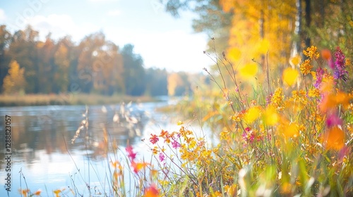 Autumn Riverbank Flowers, Peaceful Scenic View, Outdoor Nature photo