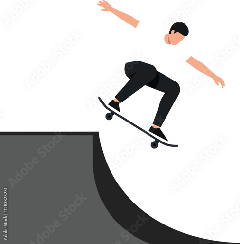 Skater performing an aerial trick on a half-pipe ramp in a skate park