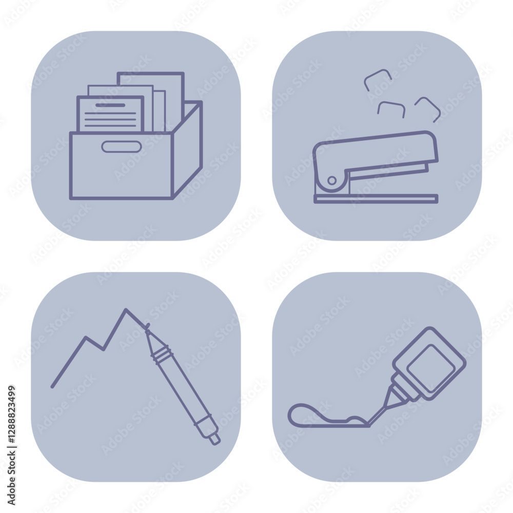 Collection of office line icons with various workspace activities like filing documents, stapling papers, drawing graphs, and applying glue Collection of office line icons with various workspace activities like filing documents, stapling papers, drawing graphs, and applying glue