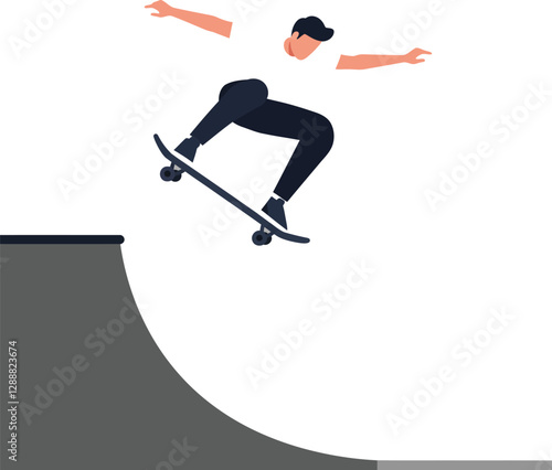 Skateboarder performing an aerial trick over a half-pipe ramp in a dynamic pose