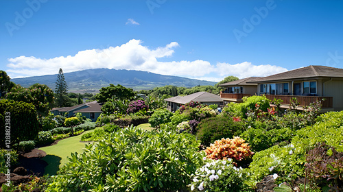 Hawaiian Landscape: Sunny Daytime View of Lush Green Gardens and Houses with Mountain Background