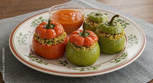 Homemade Egyptian Stuffed Peppers (Mahshi) with Fresh Herbs and Tomato Sauce