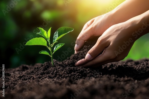 organic produce A person nurturing a small plant in rich, dark soil with sunlight in the background.