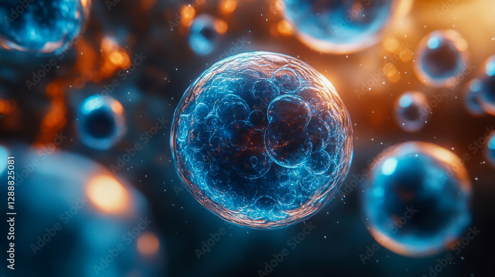 Naklejka premium Close-up of blue microscopic exosome particles inside transparent spheres, floating in a dark background