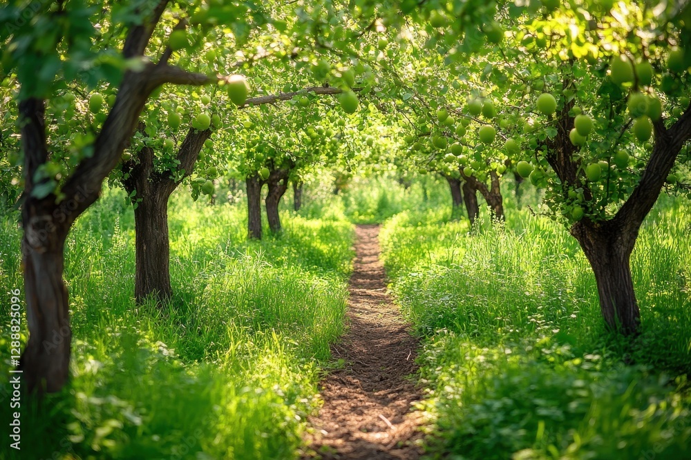 organic produce Lush green orchard with trees lining a sunlit path, inviting exploration and tranquility. organic produce Lush green orchard with trees lining a sunlit path, inviting exploration and tranquility.