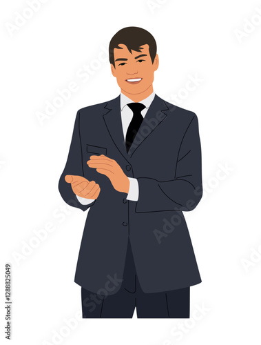 Businessman character. Handsome young business man wearing formal suit clapping hands and smiling. Vector realistic illustration isolated 