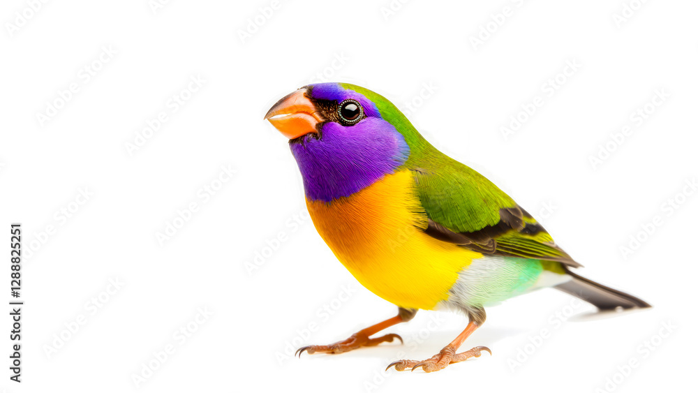 Vibrant colorful Gouldian finch with vibrant plumage against white background. Bold and exotic bird, perfect for wildlife adventure, nature-inspired designs and ornithology concepts. Copy space Vibrant colorful Gouldian finch with vibrant plumage against white background. Bold and exotic bird, perfect for wildlife adventure, nature-inspired designs and ornithology concepts. Copy space