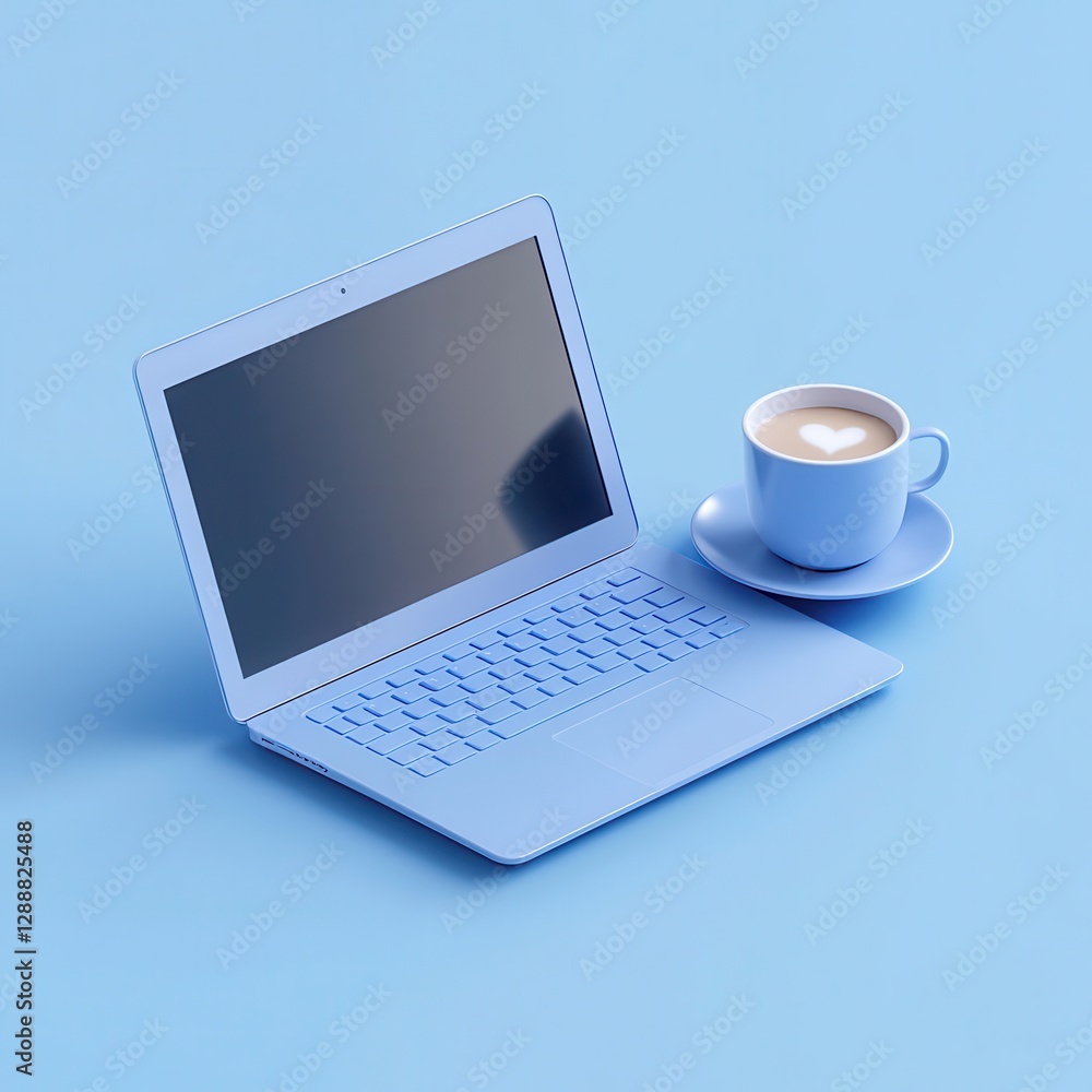 Minimalist Blue Workspace with Laptop and Coffee Cup on Surface Minimalist Blue Workspace with Laptop and Coffee Cup on Surface