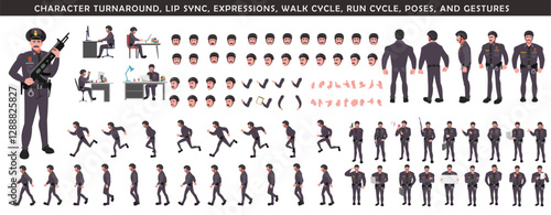 Police Officer Character Design Model Sheet. Man, Character design. Front, side, back view and explainer animation poses. Character set with lip sync and Walk cycle animation sequences.