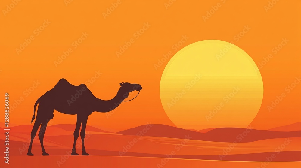 Camel Silhouette in Desert Landscape with a Rising Sun or Sunset Camel Silhouette in Desert Landscape with a Rising Sun or Sunset