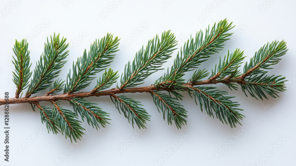 Studio photography of a large spruce branch on studio white background, Color photography, beautiful studio soft light. Studio photography of a large spruce branch on studio white background, Color photography, beautiful studio soft light.