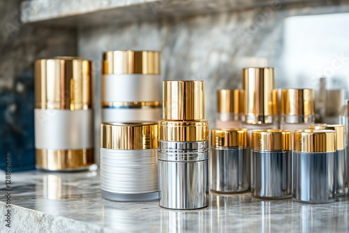 Luxurious selection of luxury cosmetics in gold and silver bottles photo