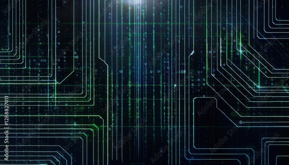 Obraz premium digital matrix of glowing green binary code lines and interconnected circuits, futuristic tech background