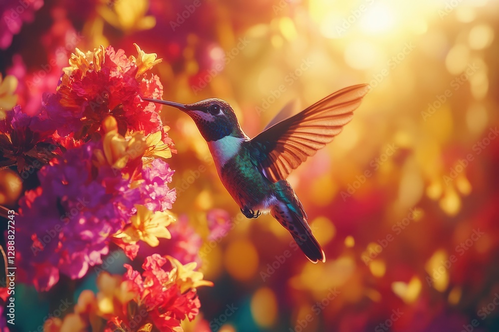 Obraz premium A vibrant hummingbird hovers near colorful flowers, bathed in warm sunlight, a scene of natural beauty and serenity.