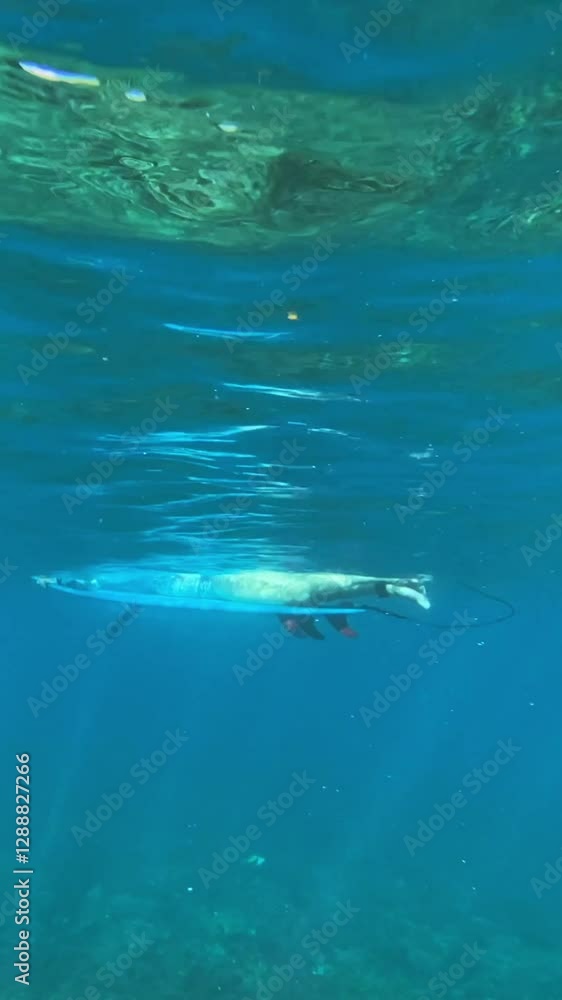 Male surfer sitting on a surfboard in Indian Ocean and waiting his wave. Vertical video Male surfer sitting on a surfboard in Indian Ocean and waiting his wave. Vertical video