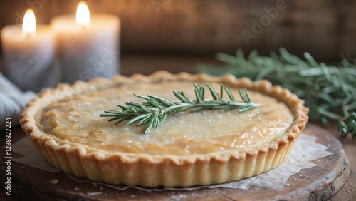 close-up of a freshly baked tart with a golden crust, topped with a sprig of rosemary. The tart is placed on a wooden board with parchment paper, and two lit candles are blurred in the background