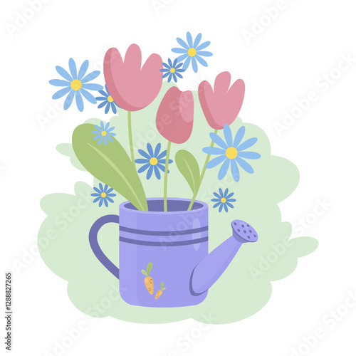 Garden watering can with spring flowers, tulips, daisies, cornflowers. Universal greeting card template. Hand-drawn bouquet of flowers in a watering can, teapot. Vector illustration on a white backgro