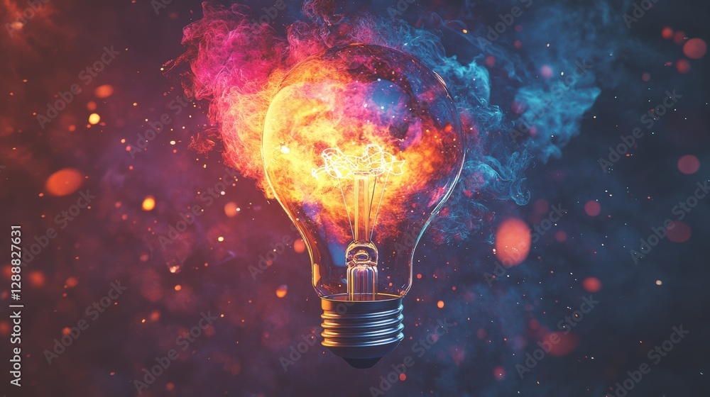 A light bulb is lit up in a colorful explosion of smoke A light bulb is lit up in a colorful explosion of smoke