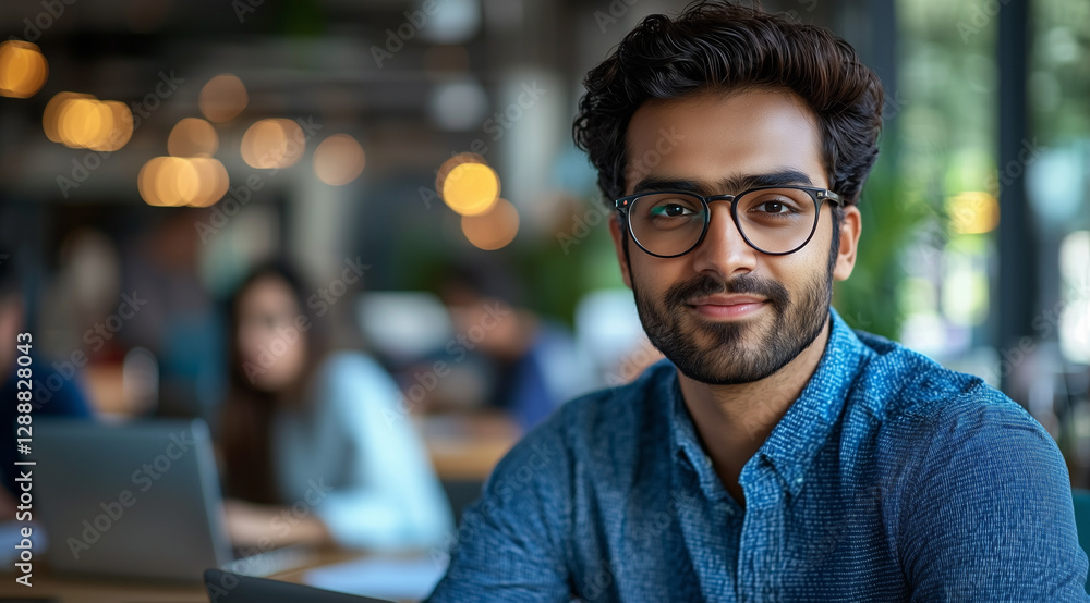 Obraz premium Young professional leading an AI workshop in a modern office, surrounded by colleagues with laptops and notepads, discussing artificial intelligence. Engaging atmosphere with focused collaboration and