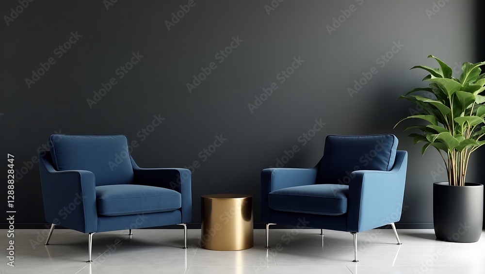 Fototapeta premium Modern Minimalist Interior: Elegant Blue Armchairs & Dark Aesthetic Living Space