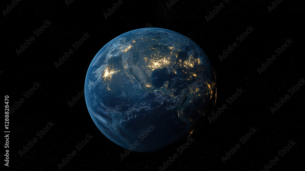 Fototapeta premium A nightly view of planet Earth in dark outer space showcasing civilization lights from above