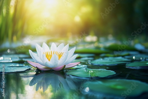 Pink lotus flower blooming on a calm pond, surrounded by floating green leaves. Soft light enhances the delicate petals, creating a dreamy and peaceful scene.

