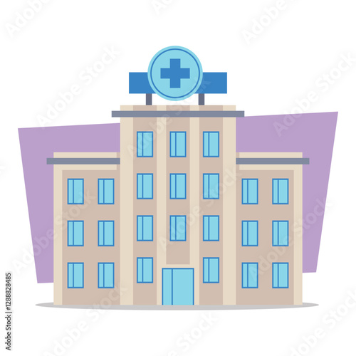 Modern hospital building with large windows and prominent cross symbol on roof. Health care services and patient care concept