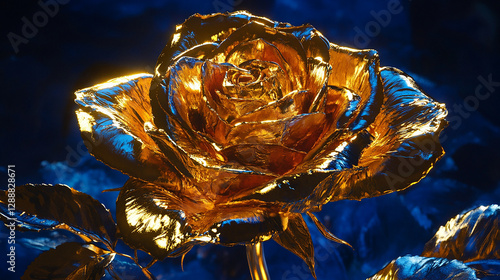 Fototapeta Naklejka Na Ścianę i Meble -  A golden rose with metallic petals glowing against the