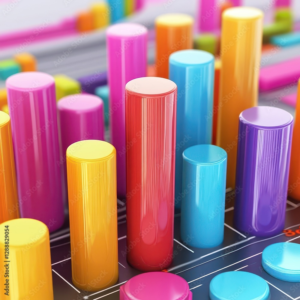Colorful cylindrical bar graph with varying heights is displayed Colorful cylindrical bar graph with varying heights is displayed