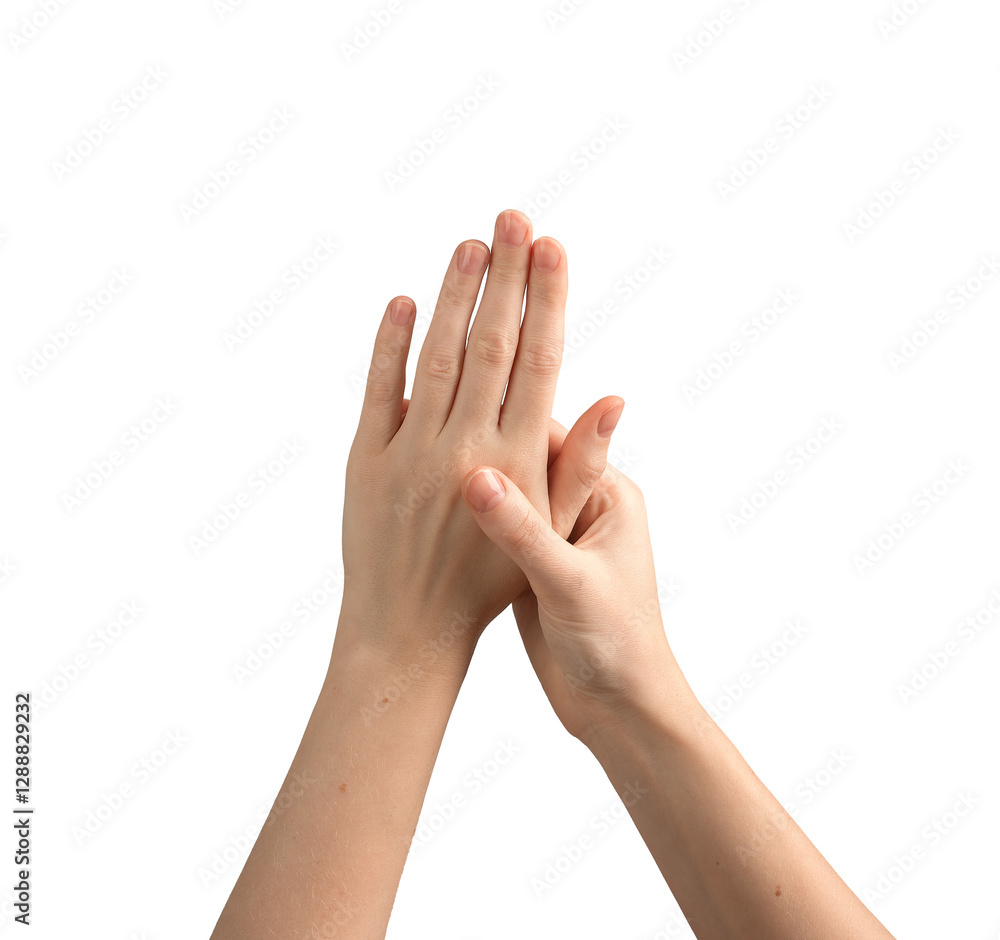 Female hands with well-groomed nails, gently spread and showing a glossy, elegant manicure. Symbolizing beauty, wellness, and self-care. Isolated on white background. Female hands with well-groomed nails, gently spread and showing a glossy, elegant manicure. Symbolizing beauty, wellness, and self-care. Isolated on white background.