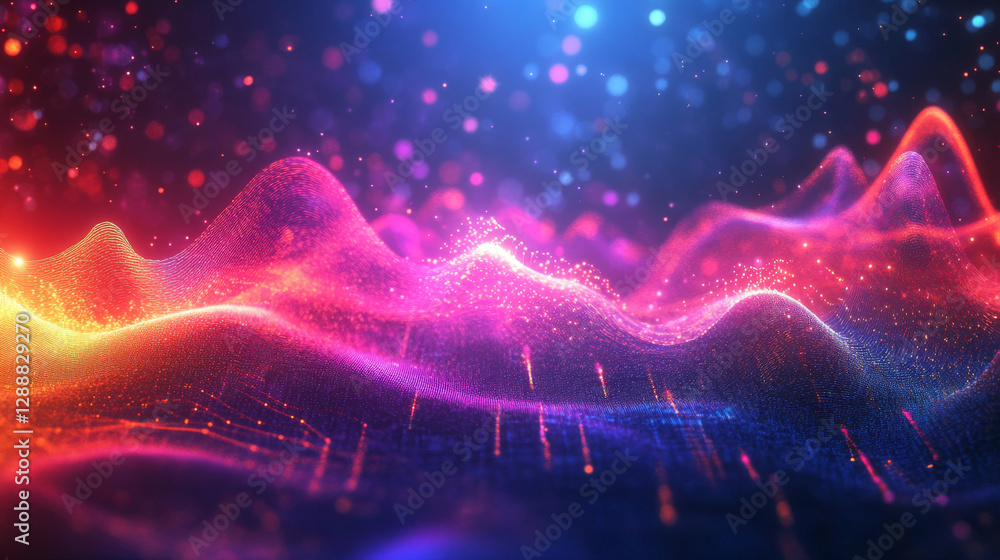 Abstract digital background featuring bright neon sound waves, wave frequencies, and glowing energy effects