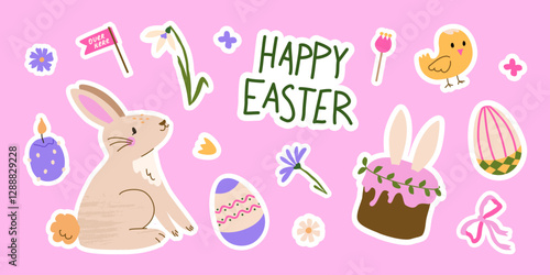 Happy Easter cute sticker collection. Isolated vector labels of bunnie, traditional pastry; chick, decorated eggs and spring flowers. Trendy and elegant patches with hand drawn illustrations