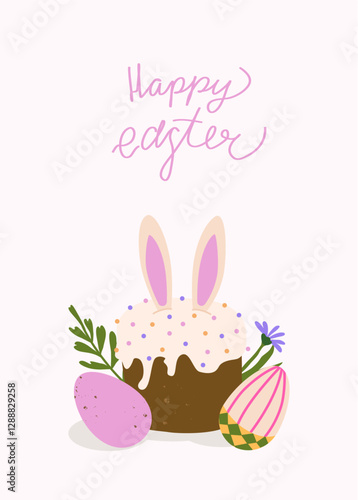 Happy Easter card with kulich. Trendy pastel greeting card with traditional pastry, DIY dyed eggs and spring flowers. Minimalistic and elegant vector design with hand drawn calligraphy