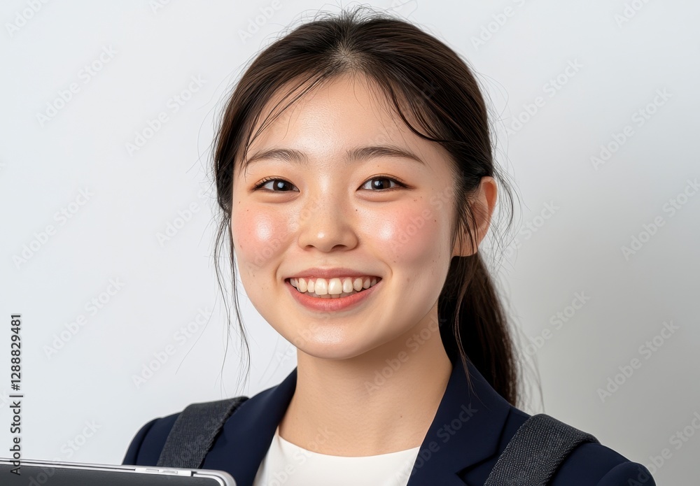Portrait of a smiling young woman with dark hair pulled back in a ponytail, wearing a navy blue blazer and carrying a tablet against a bright white Portrait of a smiling young woman with dark hair pulled back in a ponytail, wearing a navy blue blazer and carrying a tablet against a bright white