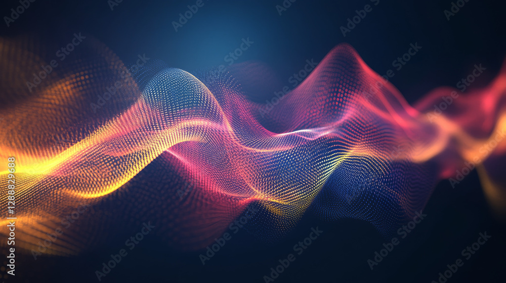 Fototapeta premium Abstract technology background featuring oscillating sound waves in dark blue, red, and yellow light