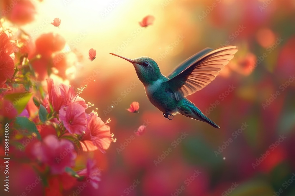 Fototapeta premium A hummingbird in flight, hovering near vibrant pink flowers in a sunlit garden.