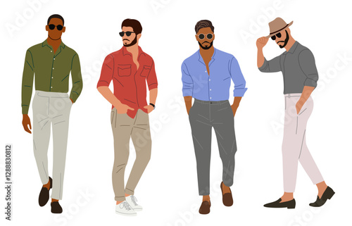 Set of stylish young men wearing summer street fashion outfit. Handsome Business men characters in smart casual office clothes. Vector realistic people illustrations isolated