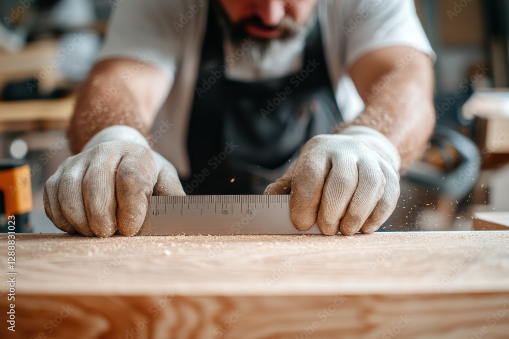 A dedicated carpenter is precisely measuring wood using a ruler, showcasing craftsmanship in a well-organized workspace filled with tools and sawdust. A dedicated carpenter is precisely measuring wood using a ruler, showcasing craftsmanship in a well-organized workspace filled with tools and sawdust.